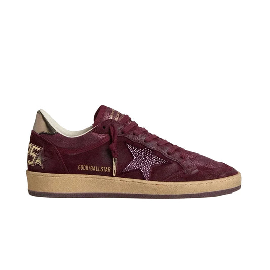 Golden Goose Ball Star in burgundy suede with crystal star and metallic leather heel tab(women)