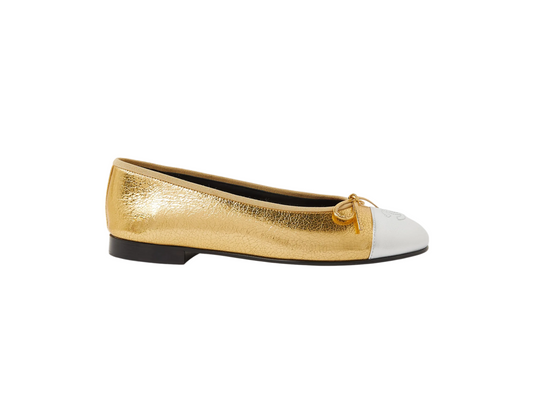 Chanel “Metallic/Gold” Crackled Laminated Calfskin CC Cap Top Flats