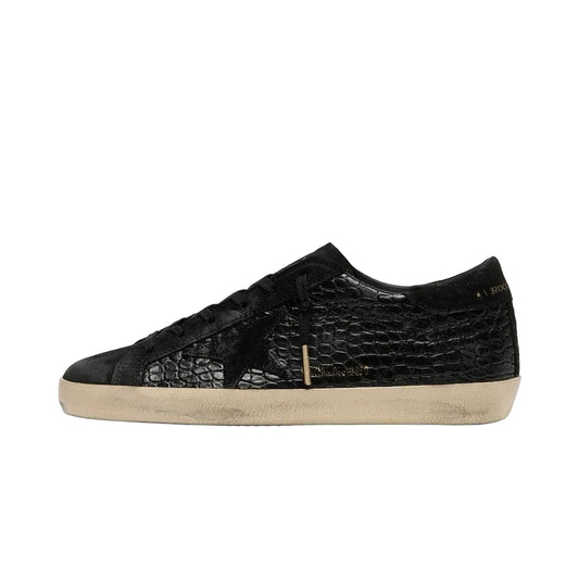 Golden Goose Super-Star LTD in black croc-print leather with black suede star and heel tab(Women's)