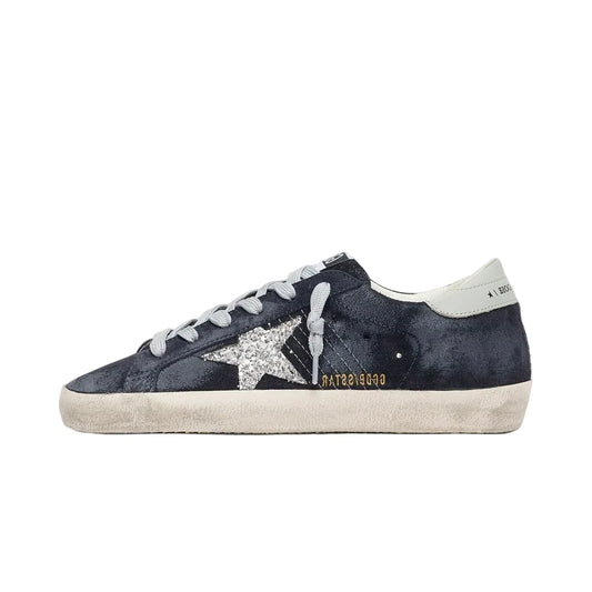 Golden Goose Super-Star in blue suede with silver glitter star and leather heel tab(Women's)