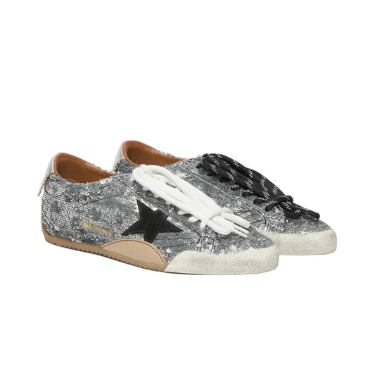 Golden Goose True-Star in silver sequins with black star and silver leather heel tab(Women's)