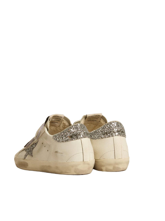 Golden goose Women’s Old School with silver glitter star and ice-gray suede tongue
