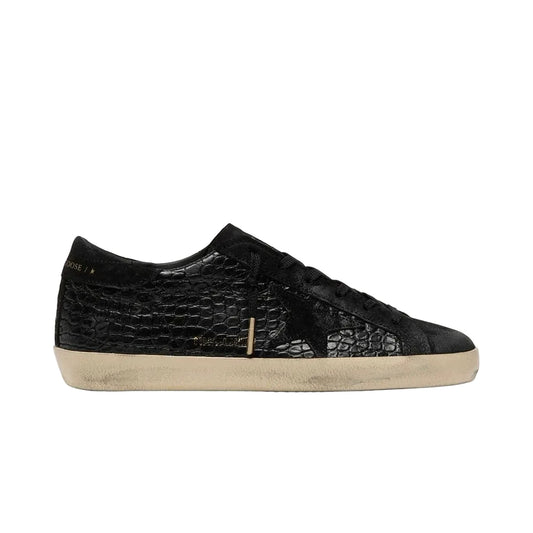 Golden Goose Super-Star LTD in black croc-print leather with black suede star and heel tab(Women's)