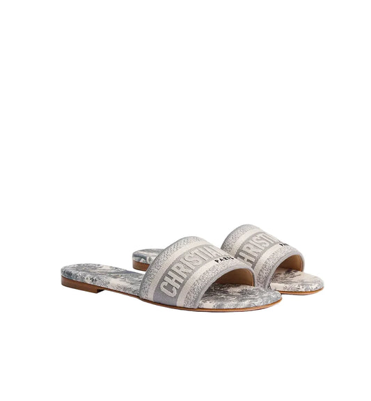 Christian Dior Dway Slide Gray Embroidered Cotton and Toile de Jouy Motif