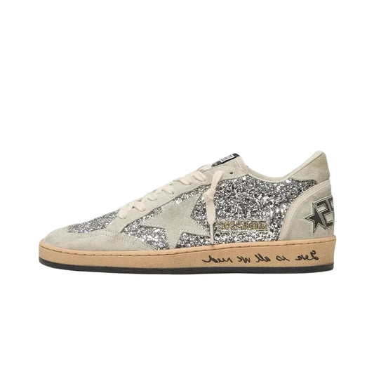 Golden Goose Ball Star in silver glitter with ice-gray suede inserts(women)