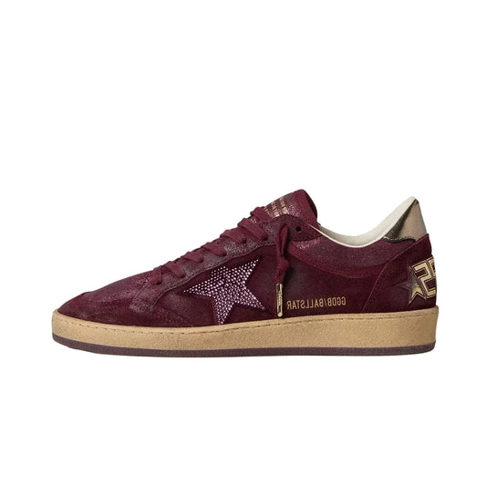 Golden Goose Ball Star in burgundy suede with crystal star and metallic leather heel tab(women)